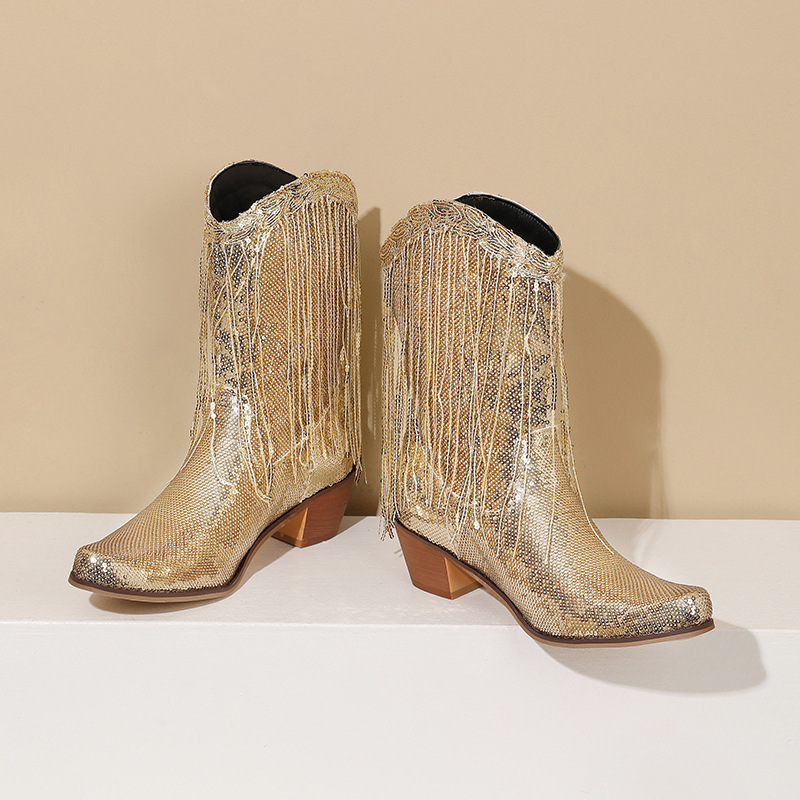 Fashion Sequined Fringed Boots, Pointed Short Boots, Thick Mid Heeled Boots