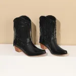 Fashion Sequined Fringed Boots, Pointed Short Boots, Thick Mid Heeled Boots