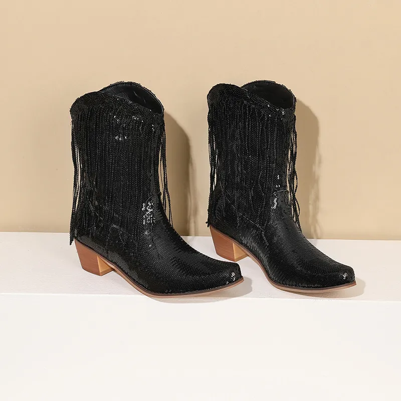 Fashion Sequined Fringed Boots, Pointed Short Boots, Thick Mid Heeled Boots