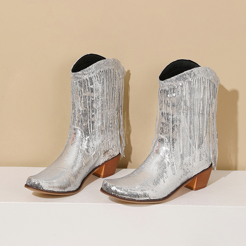 Fashion Sequined Fringed Boots, Pointed Short Boots, Thick Mid Heeled Boots