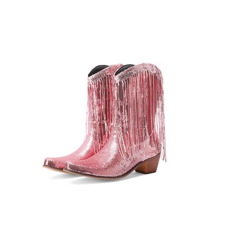 Fashion Sequined Fringed Boots, Pointed Short Boots, Thick Mid Heeled Boots