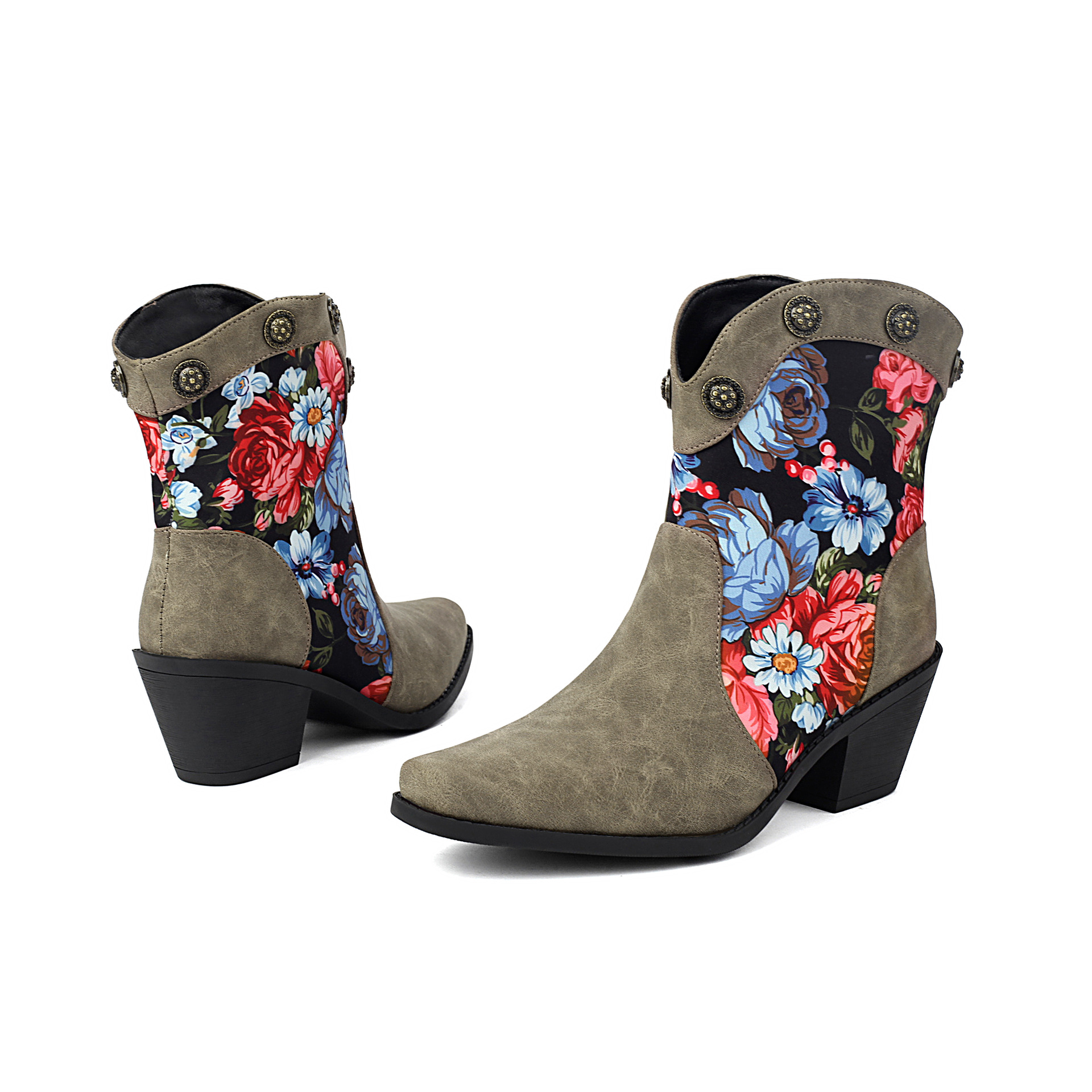 Fashionable Printed Color Matching Short Tube Rivet Boots Pointed Roman Boots