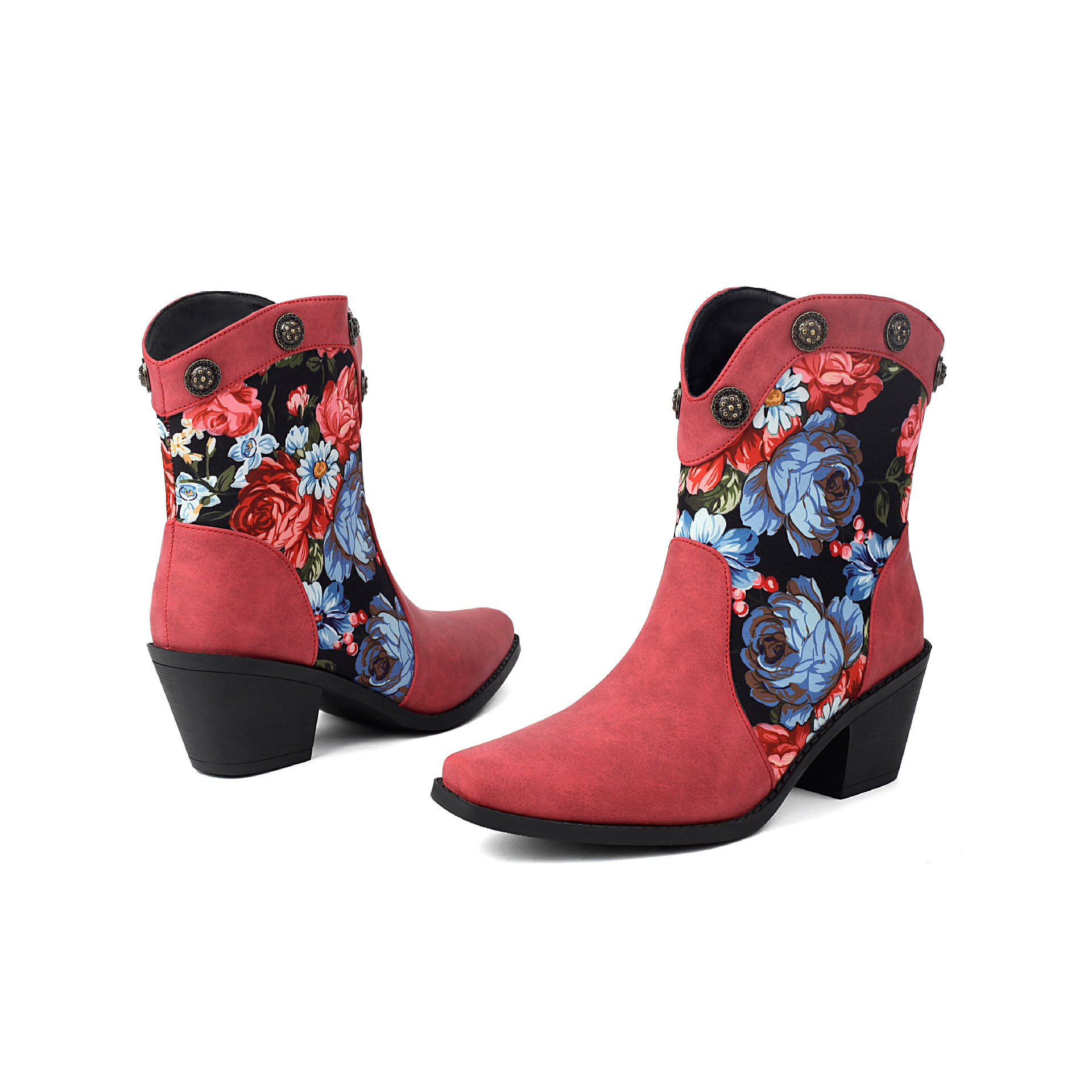 Fashionable Printed Color Matching Short Tube Rivet Boots Pointed Roman Boots