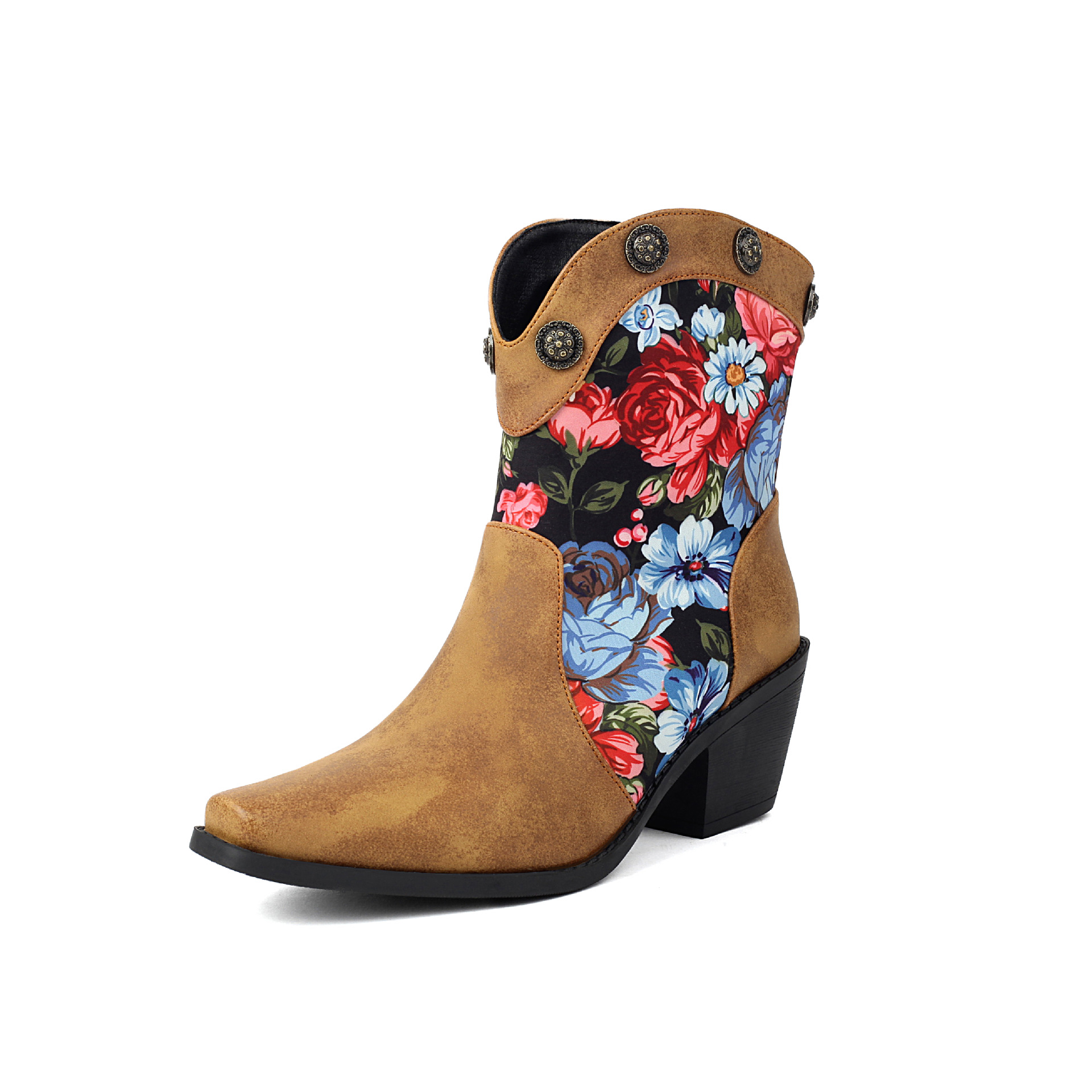 Fashionable Printed Color Matching Short Tube Rivet Boots Pointed Roman Boots