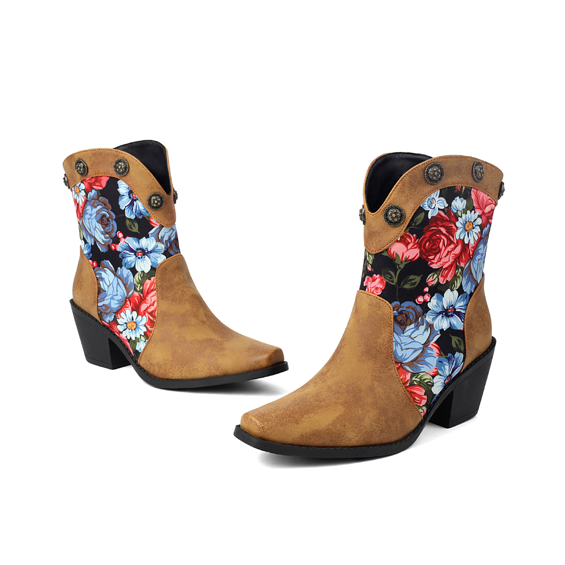 Fashionable Printed Color Matching Short Tube Rivet Boots Pointed Roman Boots