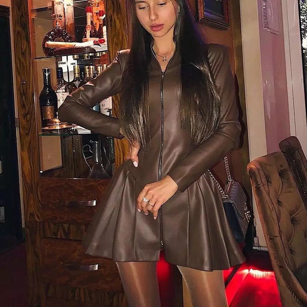 Fashionable Slim Fit Long Sleeved Pleated Skirt PU Zipper Dress