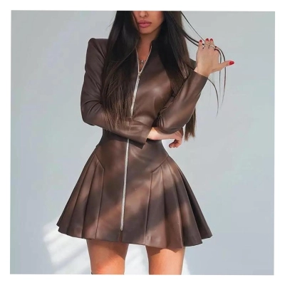 Fashionable Slim Fit Long Sleeved Pleated Skirt PU Zipper Dress 02