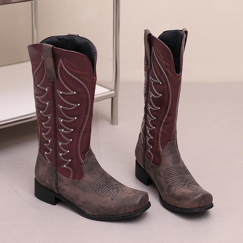 High V-Neck Rhinestone Embroidered Sleeve Thick Heel Martin Boots