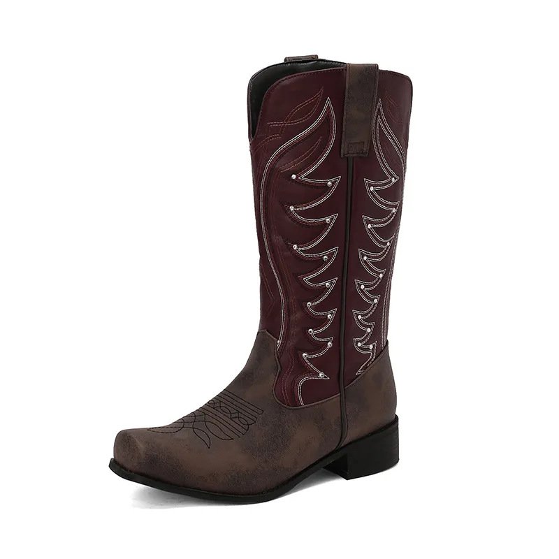 High V-Neck Rhinestone Embroidered Sleeve Thick Heel Martin Boots