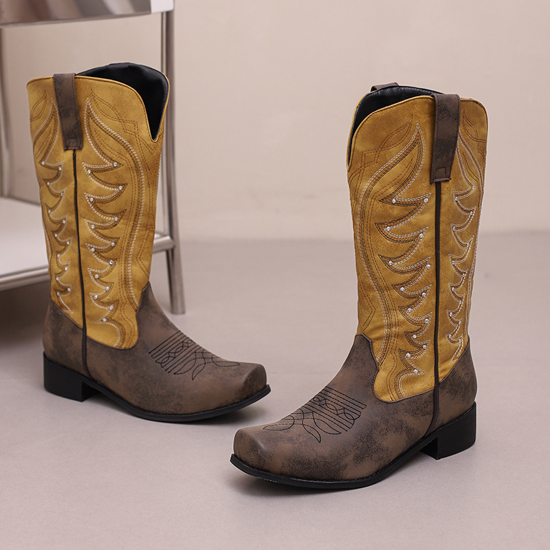 High V-Neck Rhinestone Embroidered Sleeve Thick Heel Martin Boots