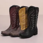 High V-Neck Rhinestone Embroidered Sleeve Thick Heel Martin Boots