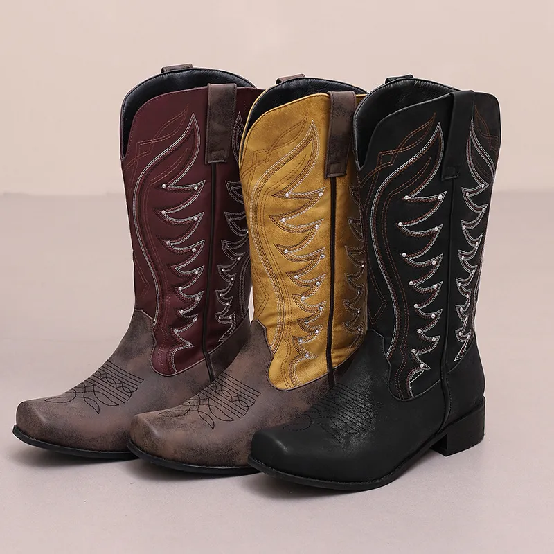 High V-Neck Rhinestone Embroidered Sleeve Thick Heel Martin Boots