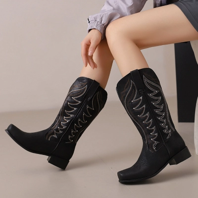 High V-Neck Rhinestone Embroidered Sleeve Thick Heel Martin Boots 01