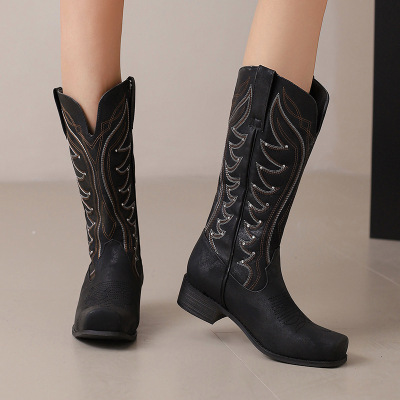 High V-Neck Rhinestone Embroidered Sleeve Thick Heel Martin Boots 02