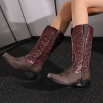 High V-Neck Rhinestone Embroidered Sleeve Thick Heel Martin Boots