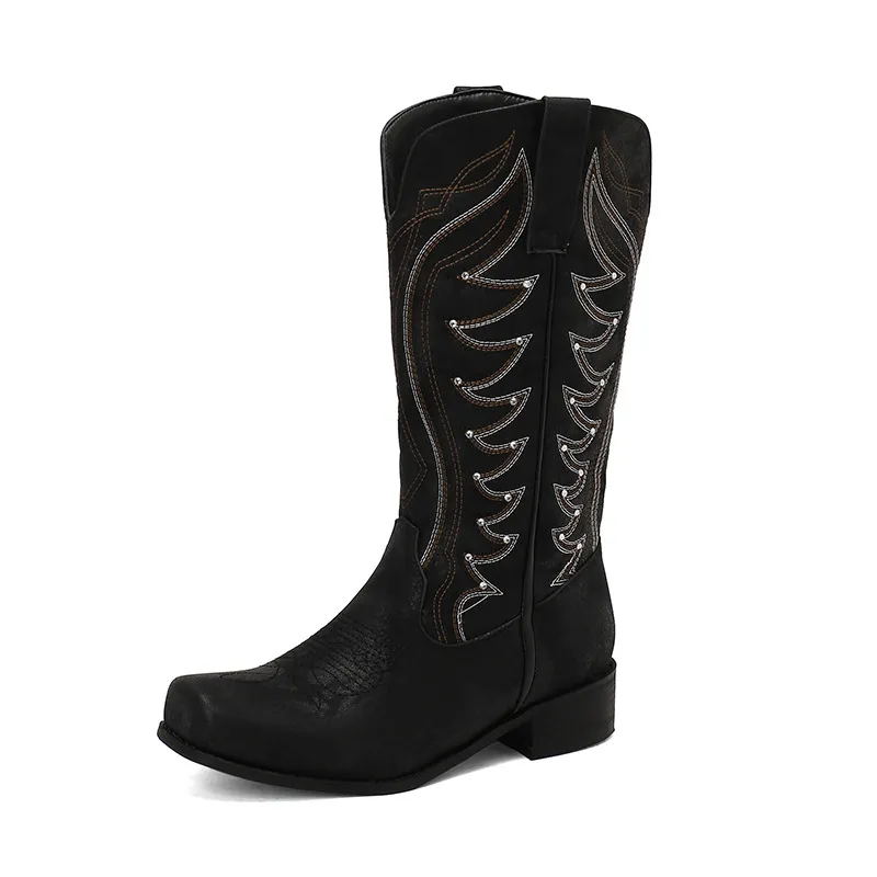 High V-Neck Rhinestone Embroidered Sleeve Thick Heel Martin Boots