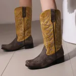 High V-Neck Rhinestone Embroidered Sleeve Thick Heel Martin Boots