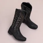 High V-Neck Rhinestone Embroidered Sleeve Thick Heel Martin Boots