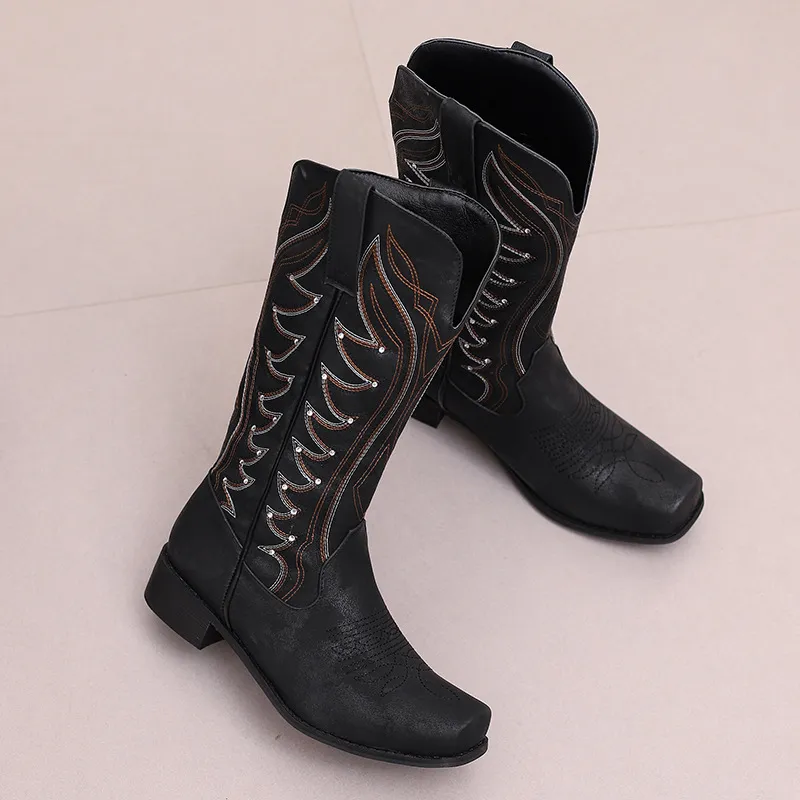 High V-Neck Rhinestone Embroidered Sleeve Thick Heel Martin Boots