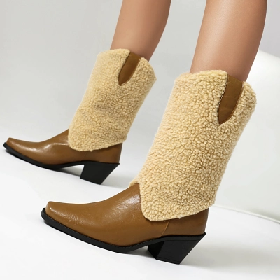 Mao Collar Patchwork Short Leg Boots Pointed Roman Boots 01