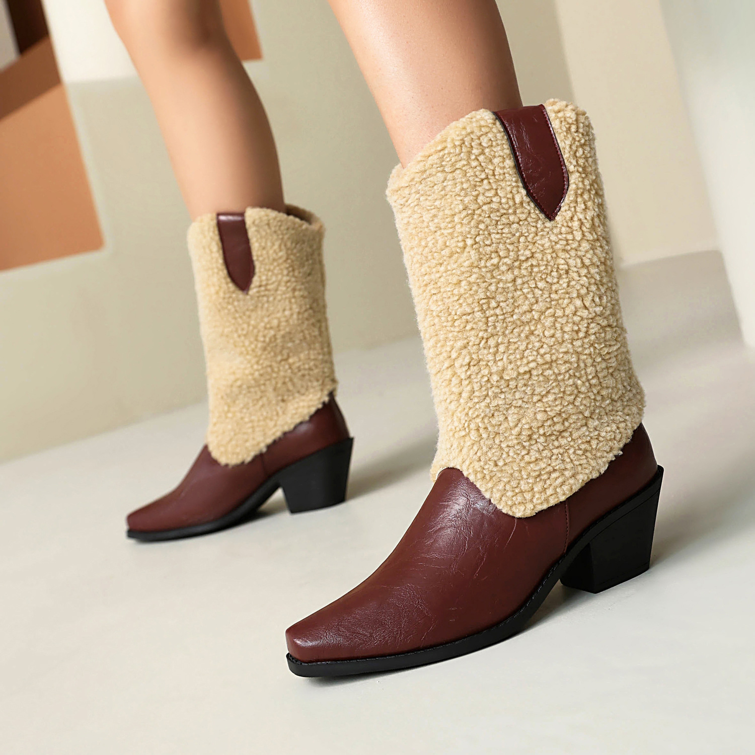 Mao Collar Patchwork Short Leg Boots Pointed Roman Boots