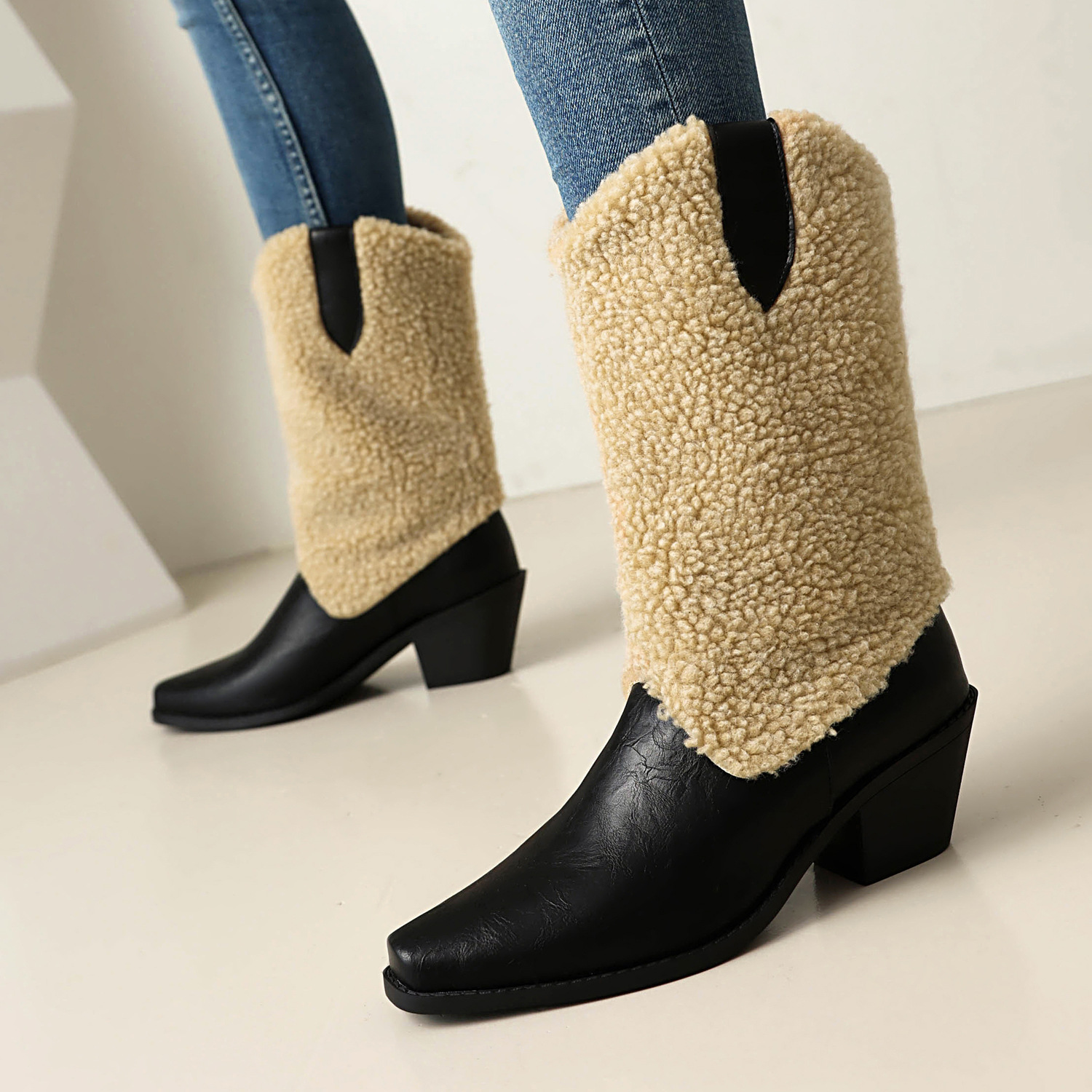 Mao Collar Patchwork Short Leg Boots Pointed Roman Boots