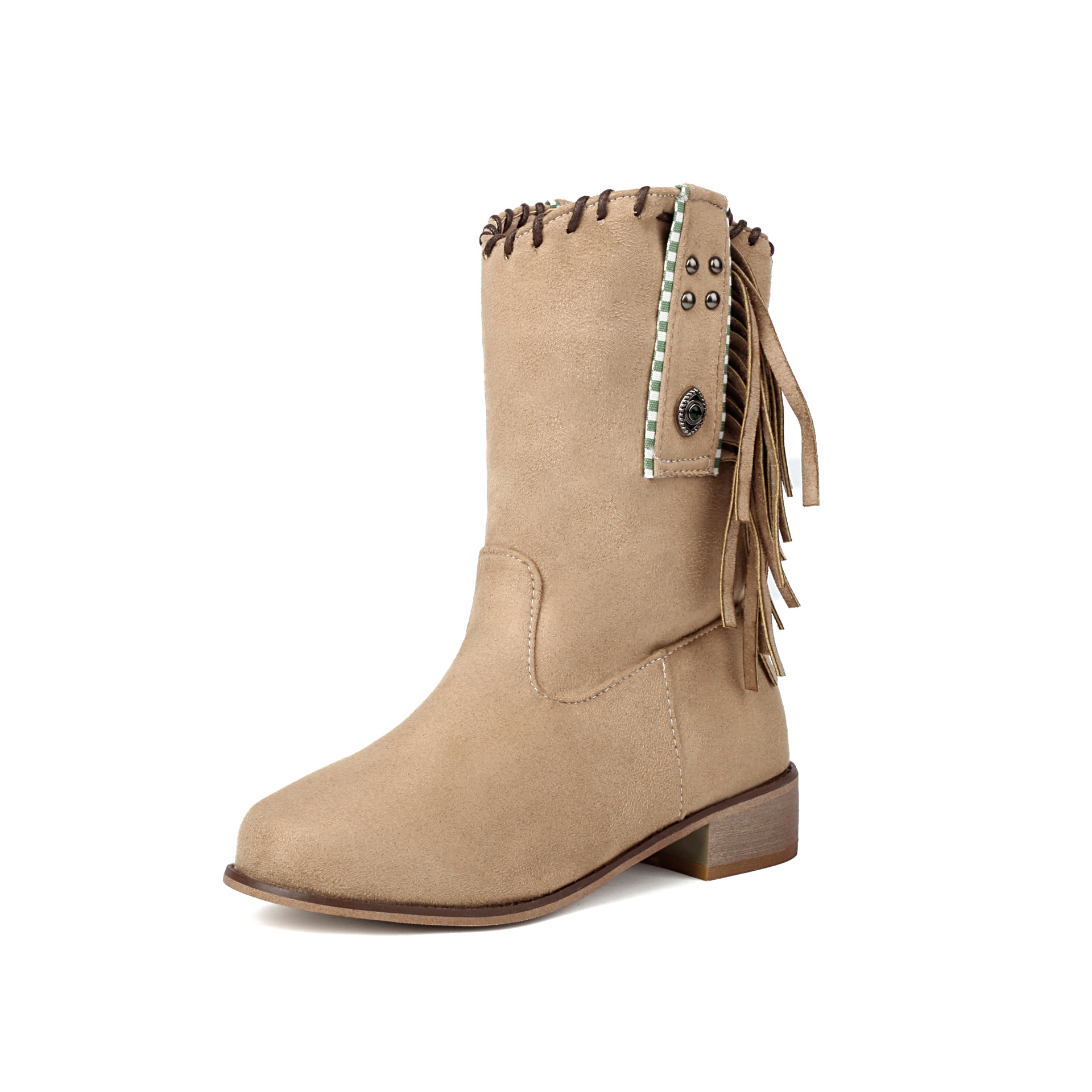 Tassel Boots, Short Tube Suede, Rivet Boots, Square Heel, Middle Heel Boots