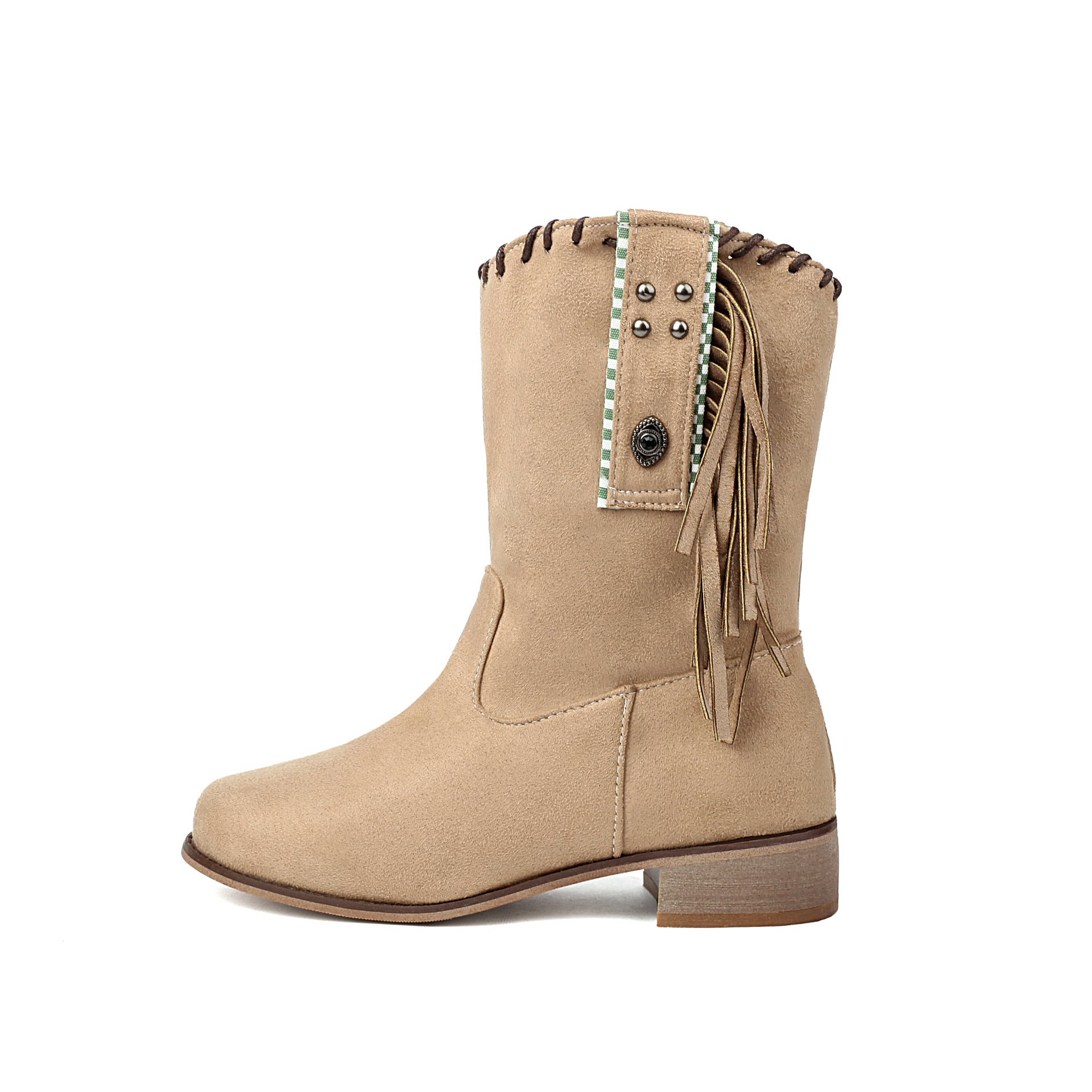 Tassel Boots, Short Tube Suede, Rivet Boots, Square Heel, Middle Heel Boots