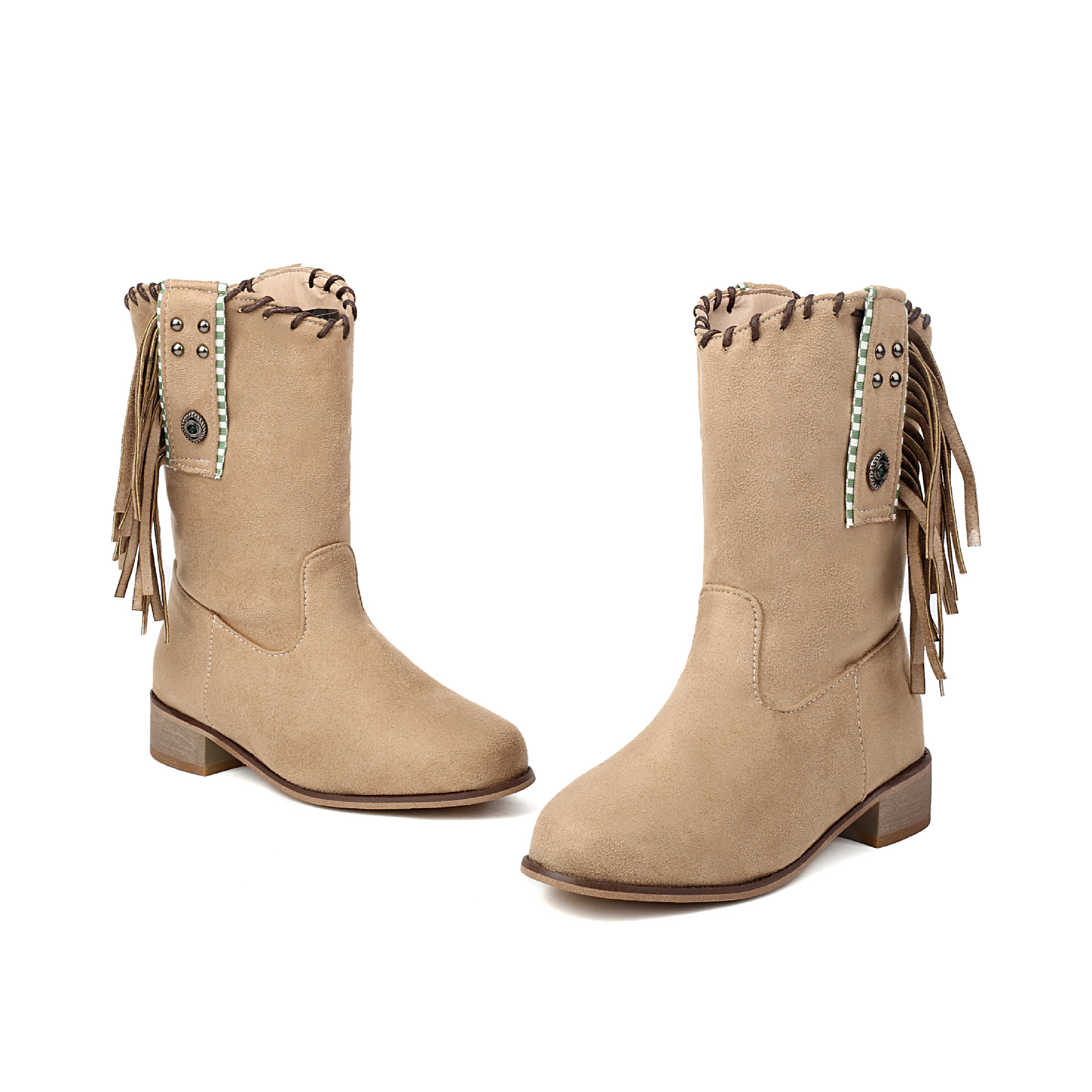 Tassel Boots, Short Tube Suede, Rivet Boots, Square Heel, Middle Heel Boots