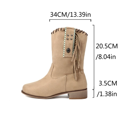 Tassel Boots, Short Tube Suede, Rivet Boots, Square Heel, Middle Heel Boots 02