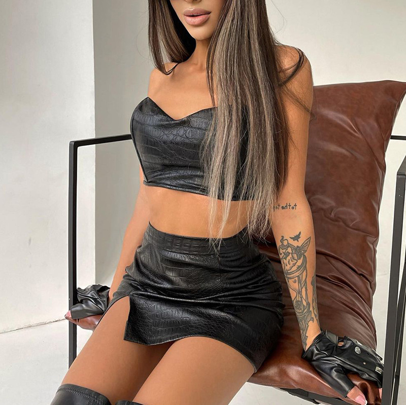 Strapless Vest Sexy High Waisted Slit Skirt Set