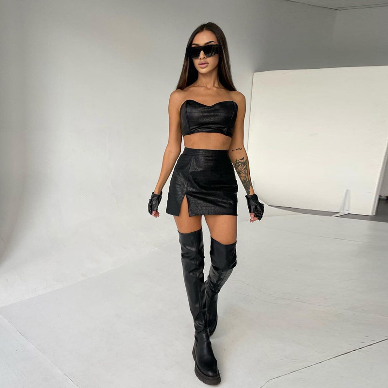 Strapless Vest Sexy High Waisted Slit Skirt Set