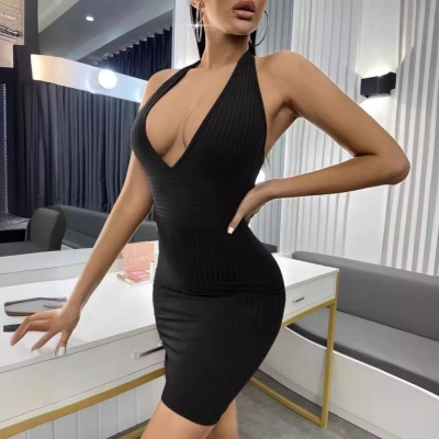 Deep V-Neck Sleeveless Vest Dress 01