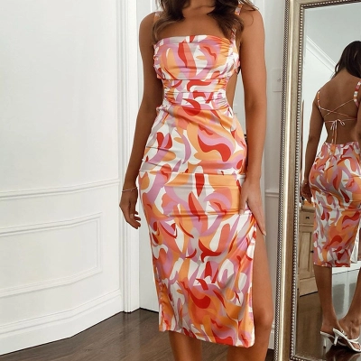 Fashionable Printed Backless Strap Slim Fit Suspender Dress 01