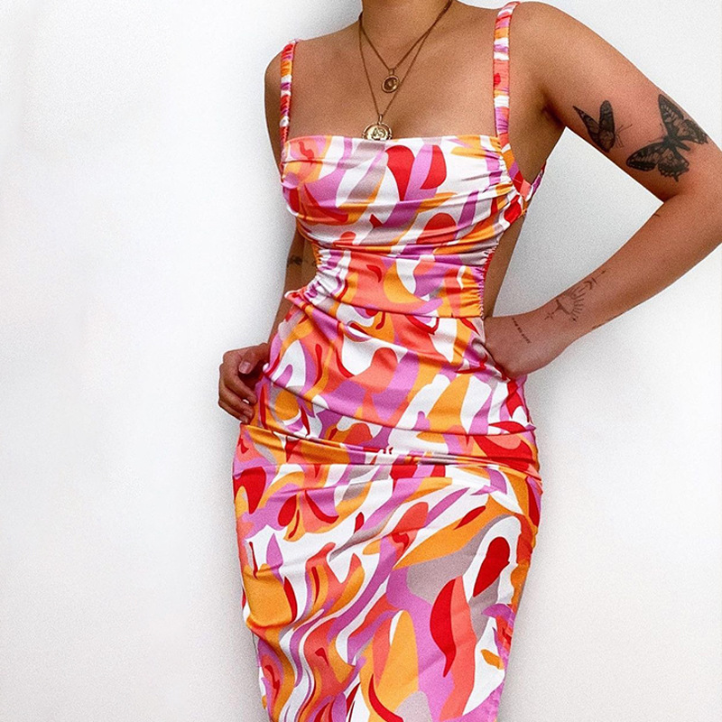 Fashionable Printed Backless Strap Slim Fit Suspender Dress