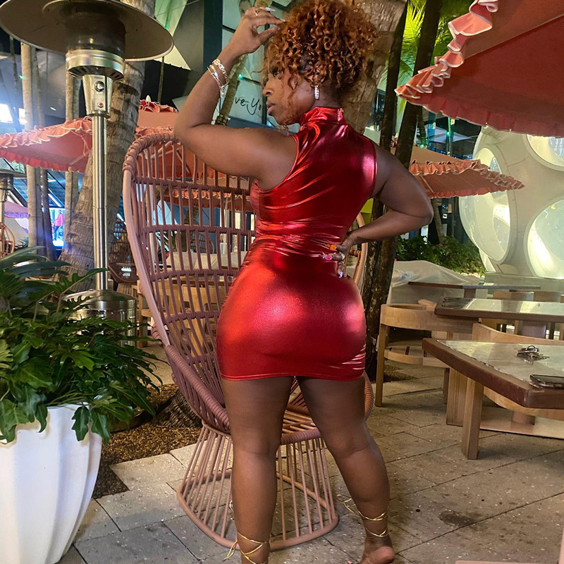 Fashionable Stand Up Collar Sleeveless Waist And Hip Cinching Dress