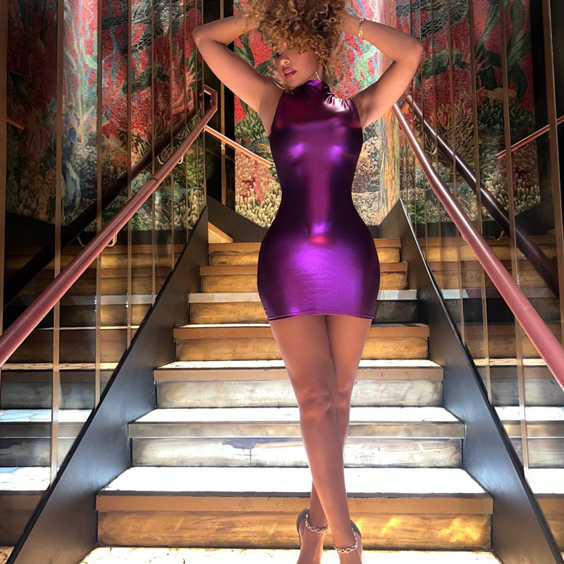 Fashionable Stand Up Collar Sleeveless Waist And Hip Cinching Dress