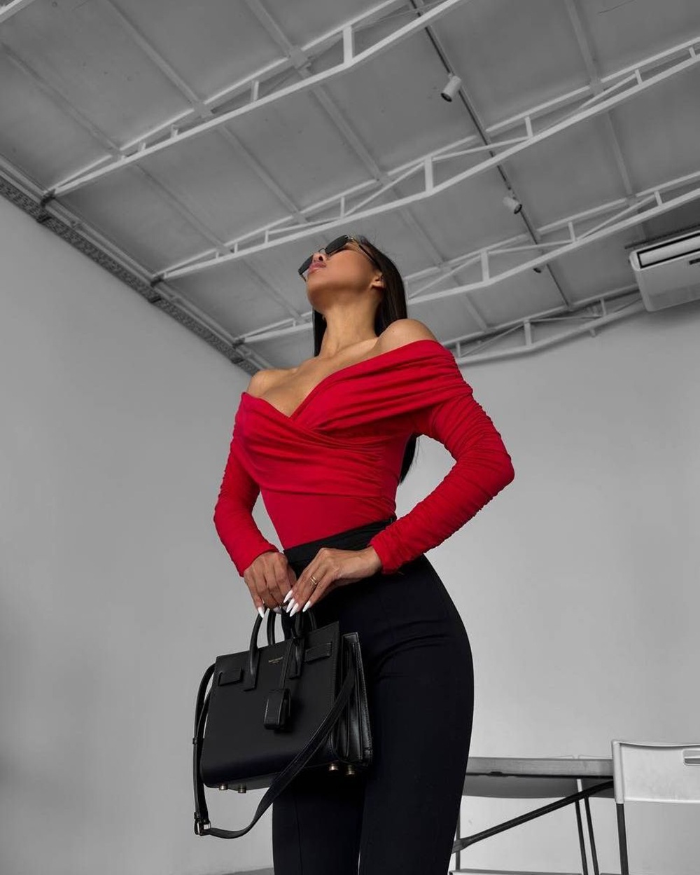 Fashionable V-Neck Off Shoulder Patchwork Long Sleeved Jumpsuit