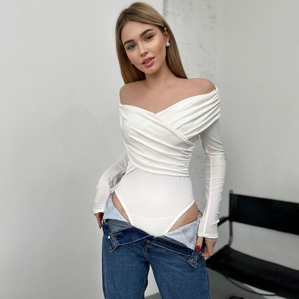 Fashionable V-Neck Off Shoulder Patchwork Long Sleeved Jumpsuit