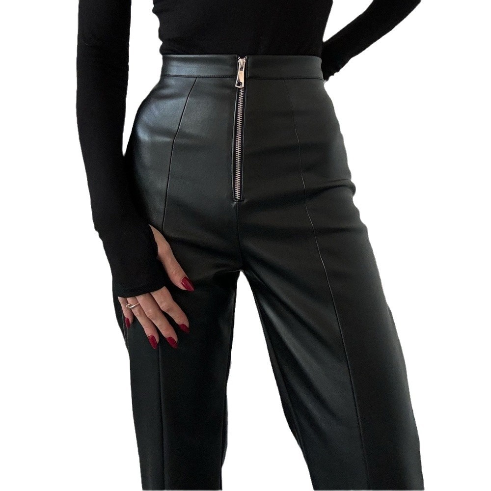 High Waisted Casual Straight Leg PU Wide Leg Leather Pants
