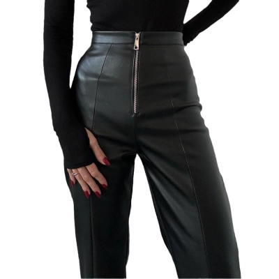 High Waisted Casual Straight Leg PU Wide Leg Leather Pants 01