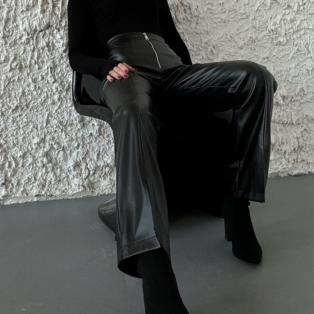 High Waisted Casual Straight Leg PU Wide Leg Leather Pants