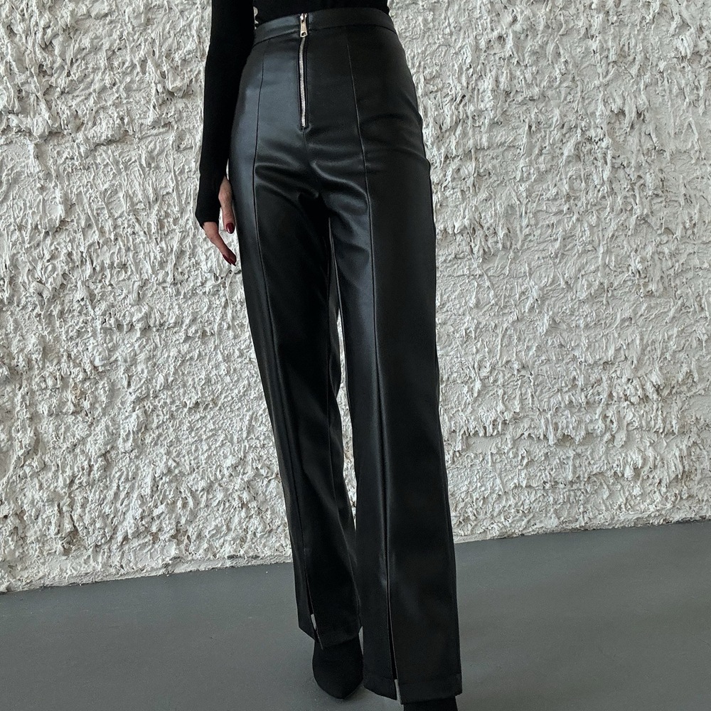 High Waisted Casual Straight Leg PU Wide Leg Leather Pants