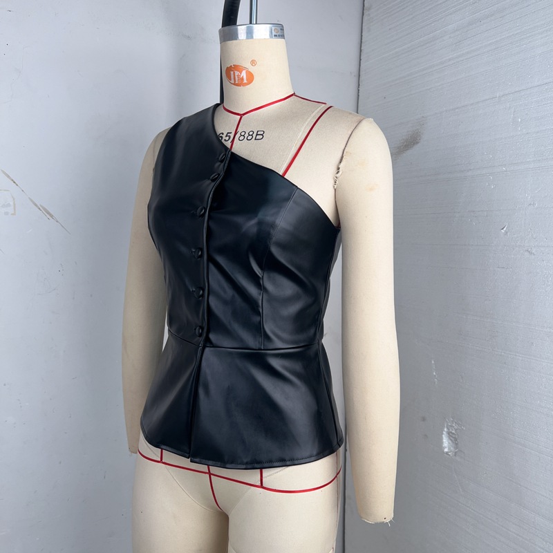 Single Breasted Short PU Leather Sloping Shoulder Sexy Vest
