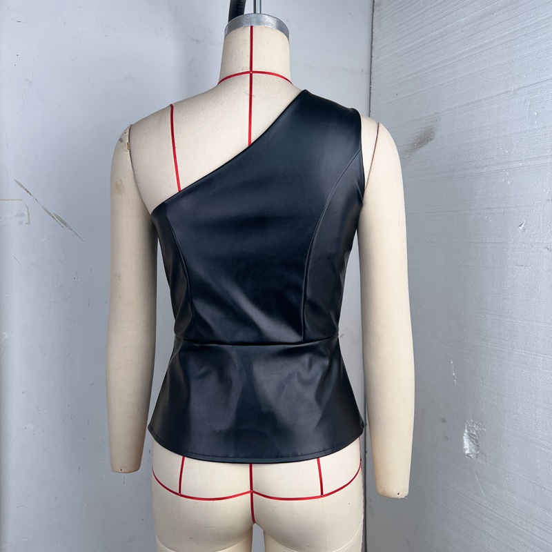 Single Breasted Short PU Leather Sloping Shoulder Sexy Vest