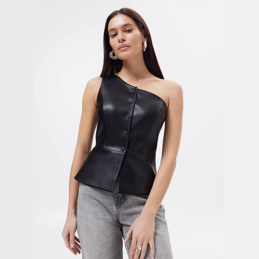 Single Breasted Short PU Leather Sloping Shoulder Sexy Vest