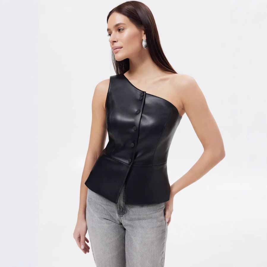 Single Breasted Short PU Leather Sloping Shoulder Sexy Vest