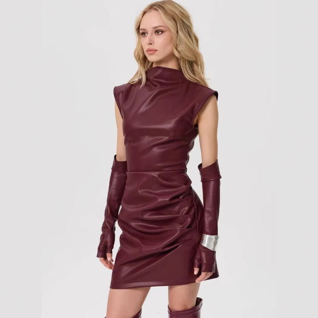 Sleeveless Detachable Sleeve Wrap PU Skirt