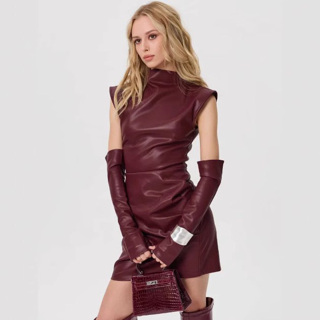 Sleeveless Detachable Sleeve Wrap PU Skirt