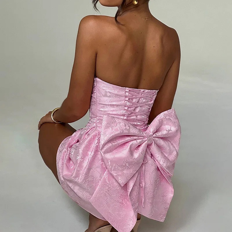Solid Color Jacquard Strapless Bow Dress